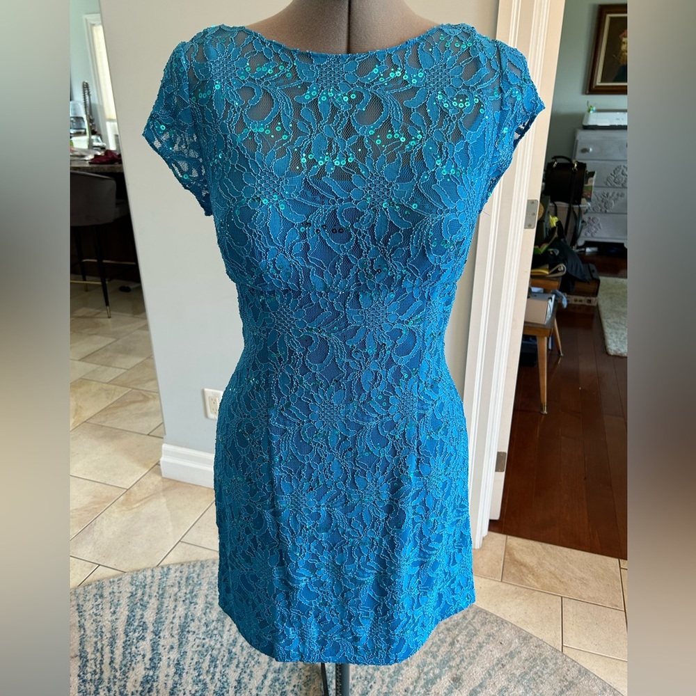 Teal-Blue Shimmery Lace Dress - Size 10